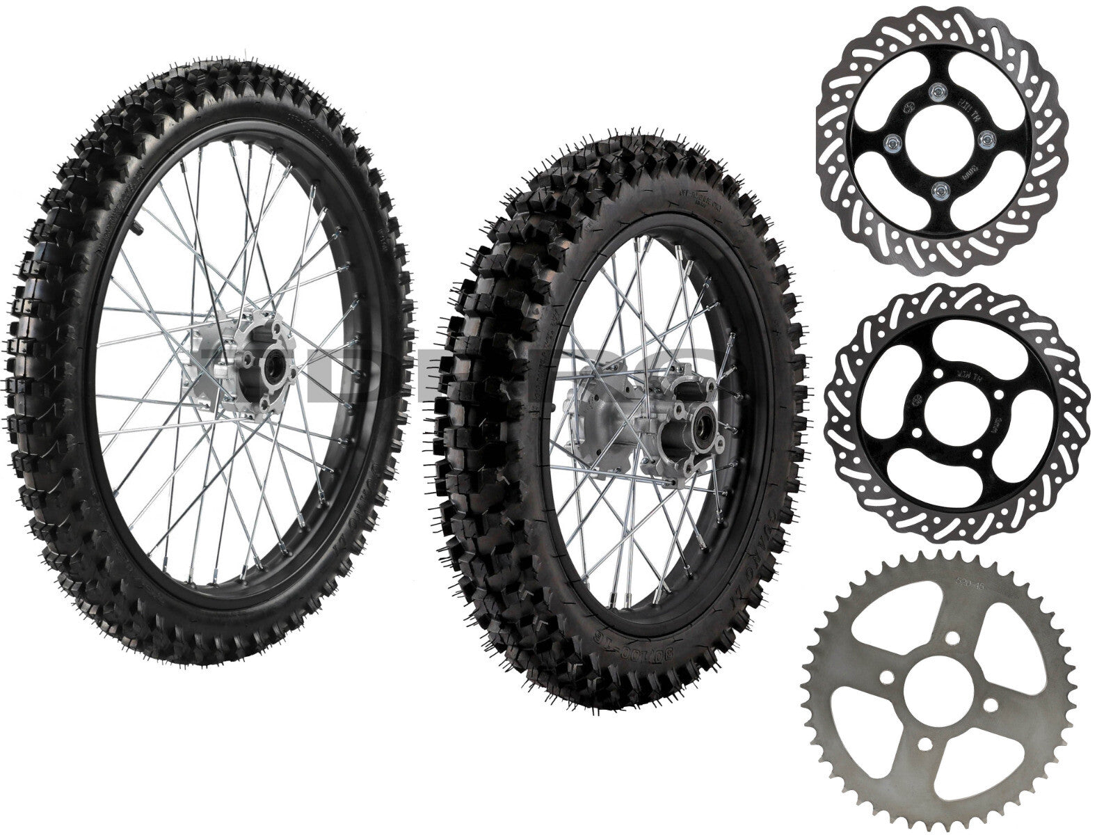 Front and rear wheels 70/100-19 90/100-16, tires, rims, sprockets, Dirt Pit bicycle 200cc