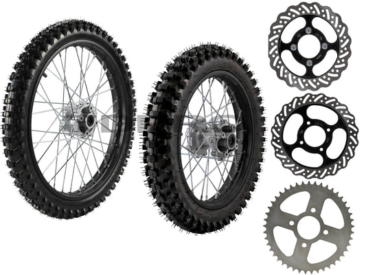 Front and rear wheels 70/100-19 90/100-16, tires, rims, sprockets, Dirt Pit bicycle 200cc