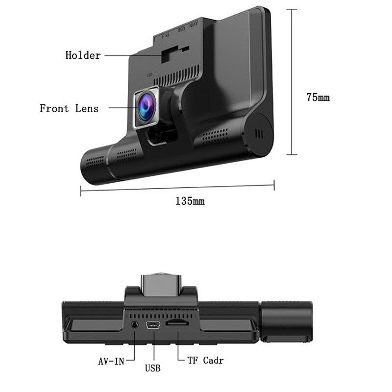 4-inch 1080P triple-lens touchscreen car DVR rearview video dashcam camera