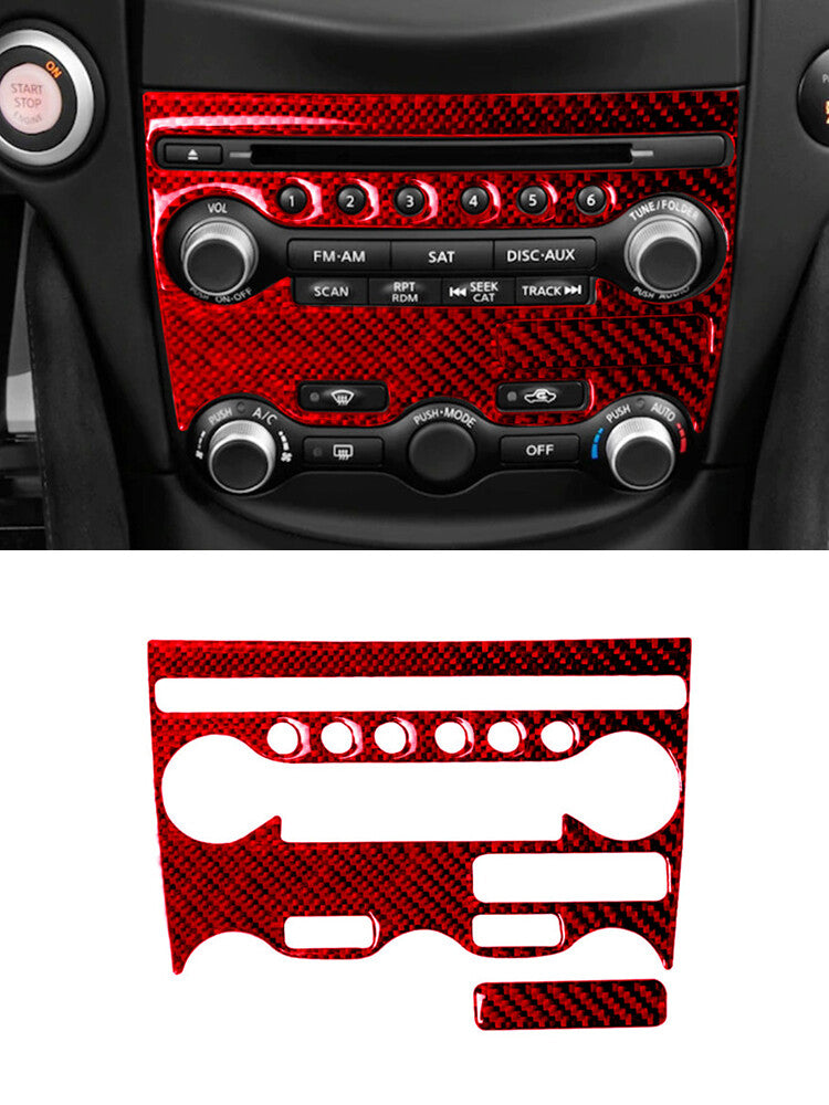 Red CD Radio A/C Button Frame Cover Trim Carbon Fiber for Nissan 370Z 2009-2020
