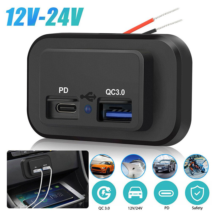 12V 24V Dual USB Port Fast Charger Socket Power Outlet Panel For Motorcycle Car