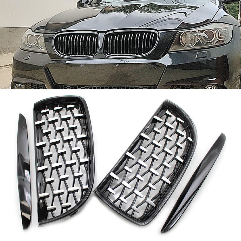 for BMW E90 2005-08 2x Front Black Frame Chrome Grille Diamond Meteor Style