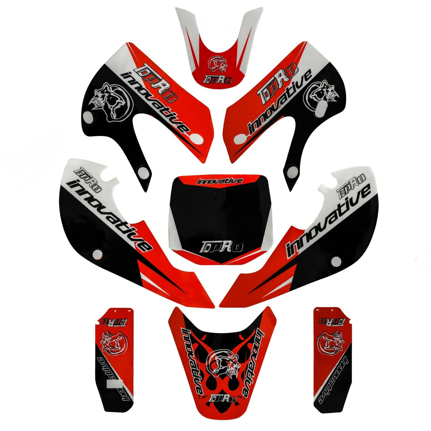 Plastic mudguard stickers and decals for Kawasaki KLX110, KX65, and for Suzuki DRZ110 dirt.