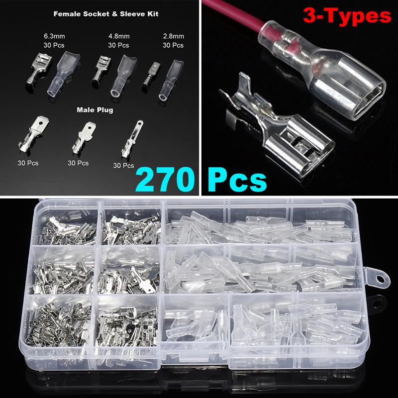 270Pc Car Electrical Wire Bullet Male Female Spade Connector Crimp Terminal Kit