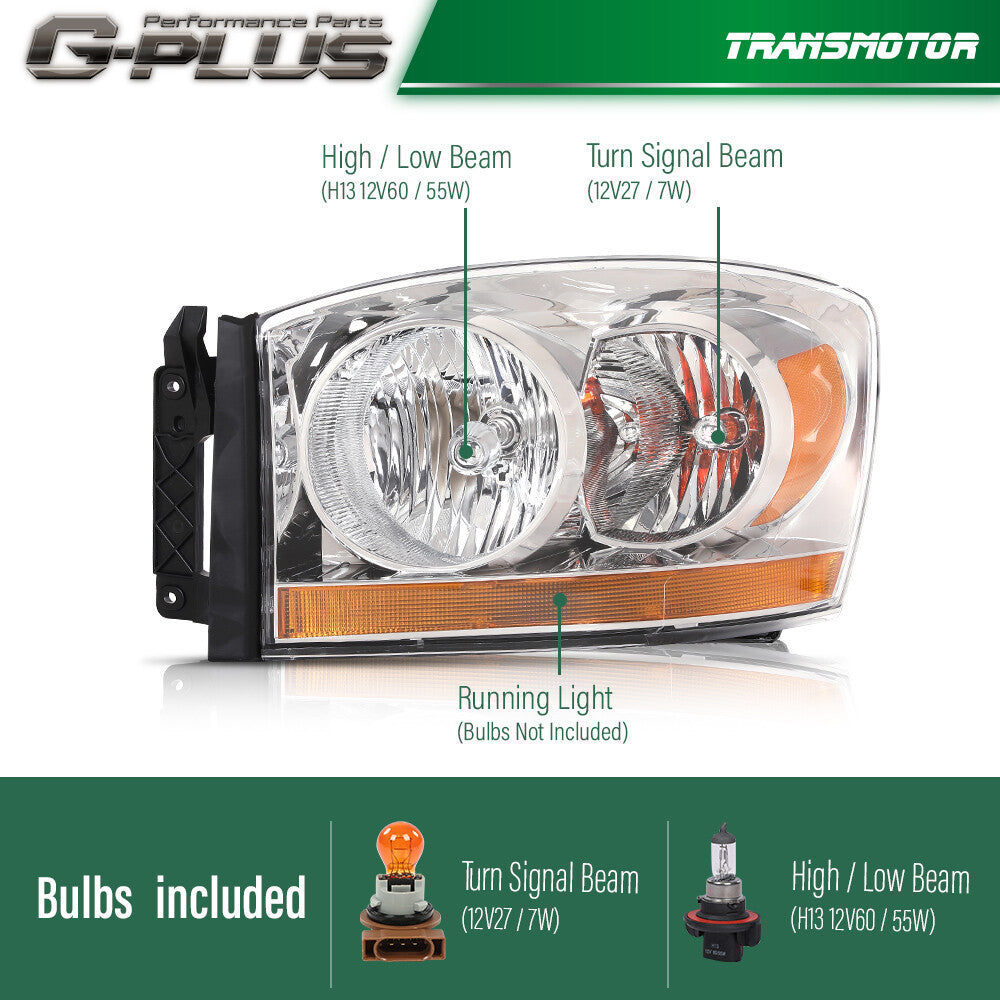 Chrome/amber headlights suitable for 2006-2009 for Dodge for Ram 1500 2500 3500 driver's side.
