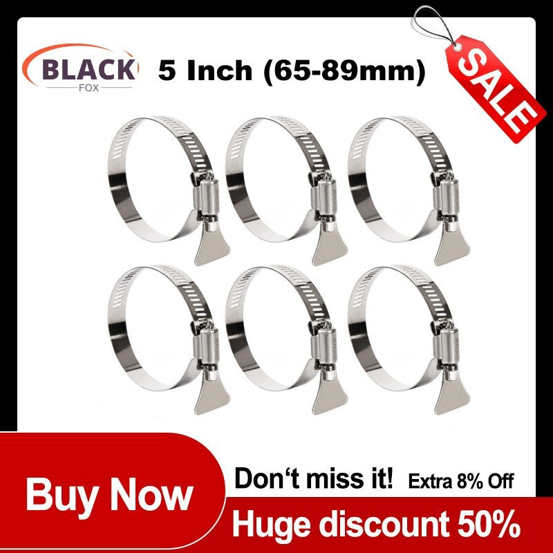 5-inch hose clamps for air hoses, water hoses, fuel hoses, thumb screws, and butterfly hose clamps.