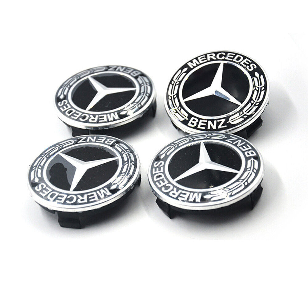 4-piece set of 75mm wheel center hubcaps with logo badge stickers for Mercedes-Benz