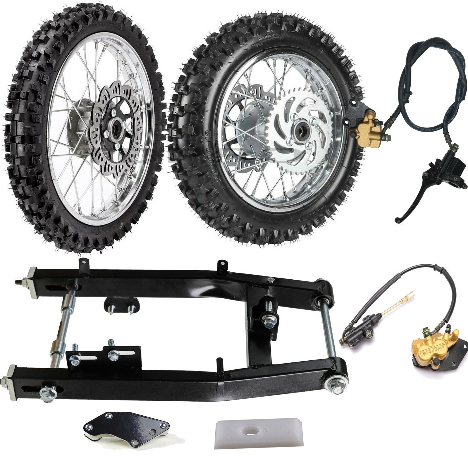 80/100-12 + 60/100-14 wheelset, tires, rims, rear swingarm, KLX110, KX65, SSR110, CRF70