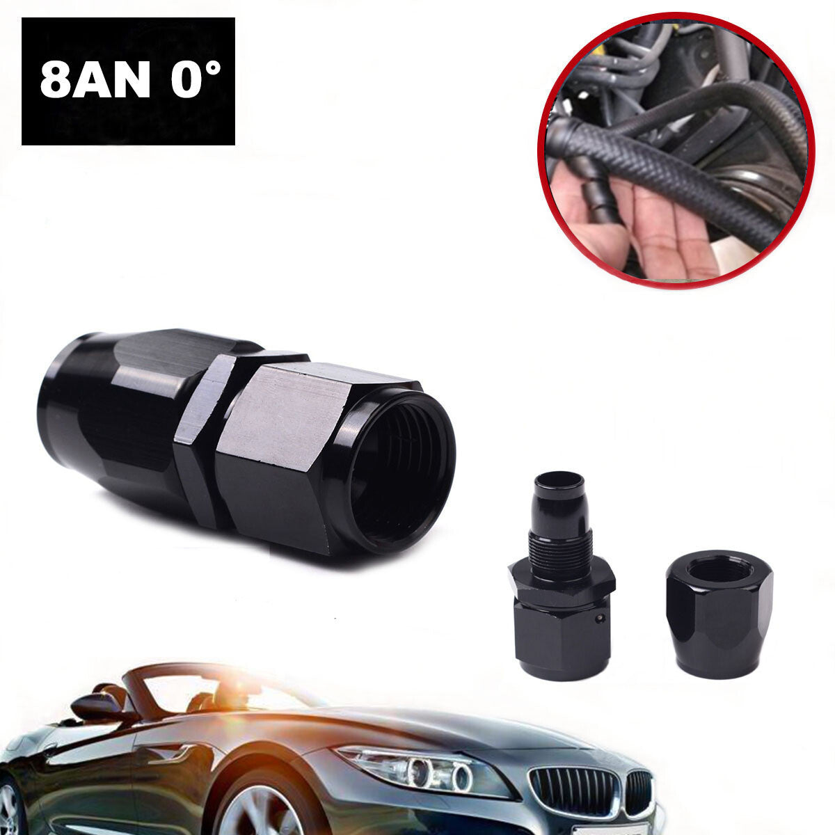 4PCS AN8 0 Degree Straight Fuel Oil Gas Line Hose End Fitting Connector Black