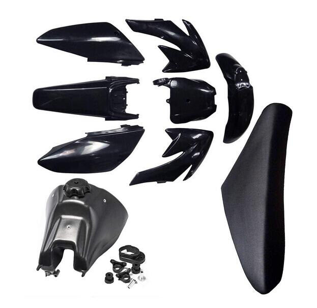 Plastic kit, fuel tank, and for seat for Honda cRF70 Pit bicycles 125cc, 140cc, and 200cc.