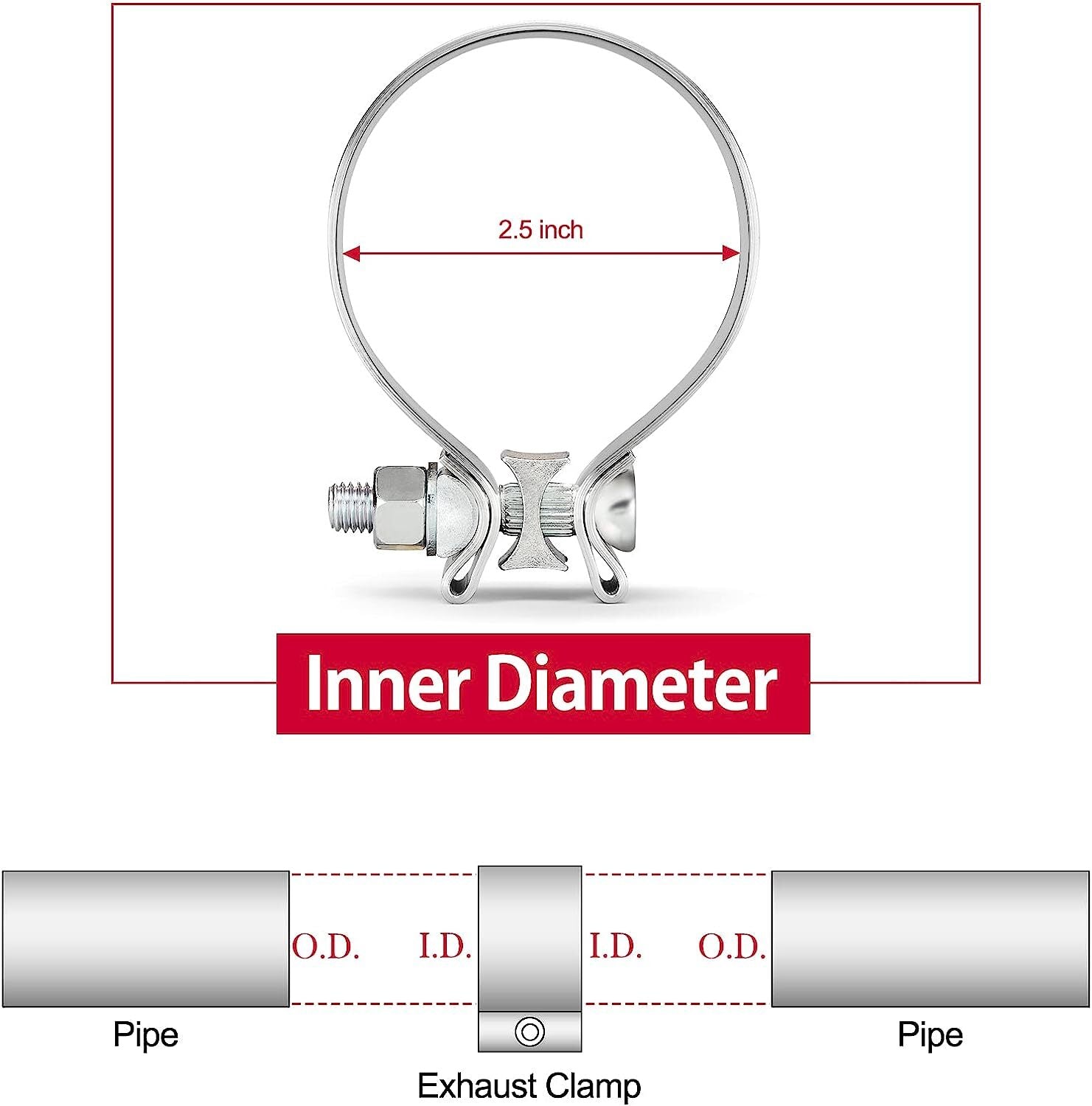 2.5-inch exhaust clips with narrow strap, stainless steel, 2-piece exhaust system with clips