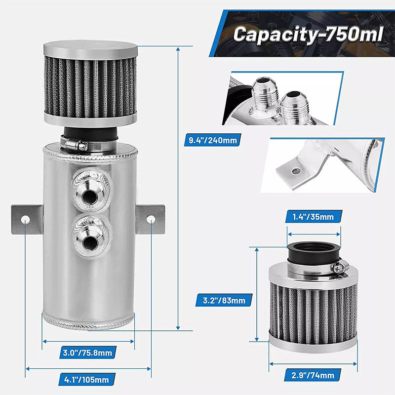 10AN Aluminum Oil Catch Can Reservoir Tank +Breather Filter Baffled SIilver AN10