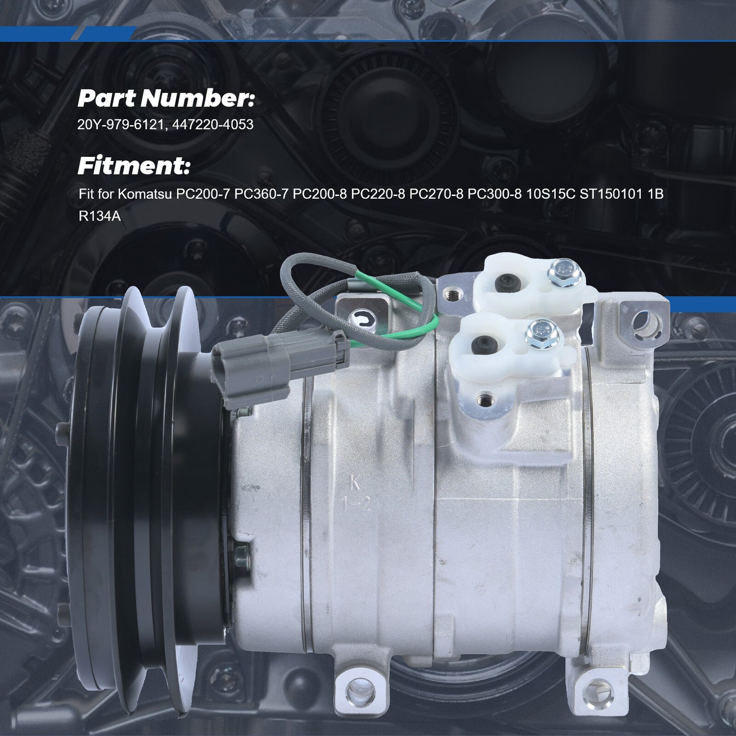 AC Compressor 447220-4053 20Y-979-6121 R134A For Komatsu PC200-7 PC360-7 1B 24V