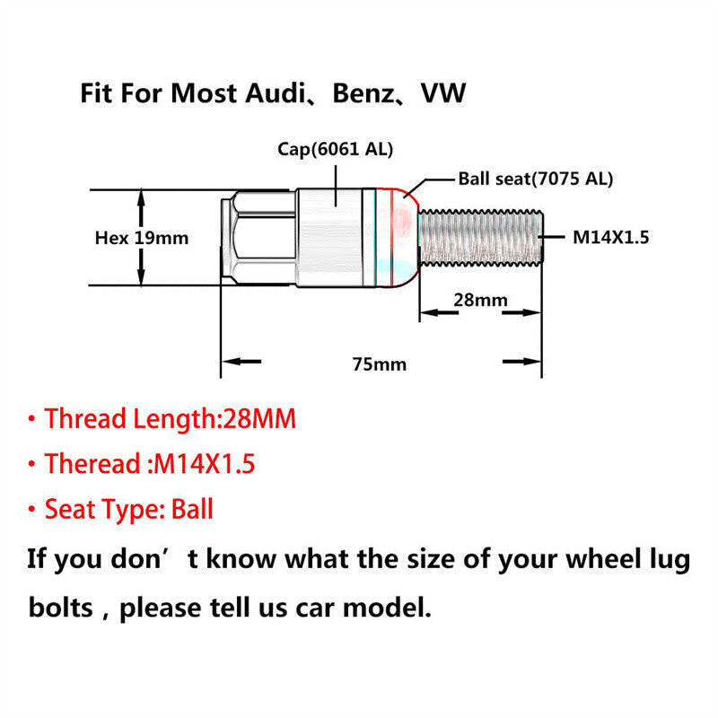 20PCS M14x1.5 Red Wheel Lug Bolt 28mm Shank Ball for Seat Stud Set for Audi for VW for Benz
