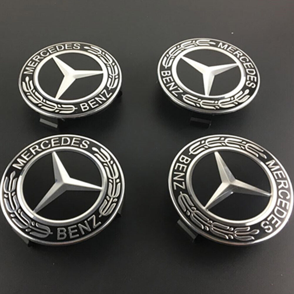 4-piece set of 75mm wheel center hubcaps with logo badge stickers for Mercedes-Benz