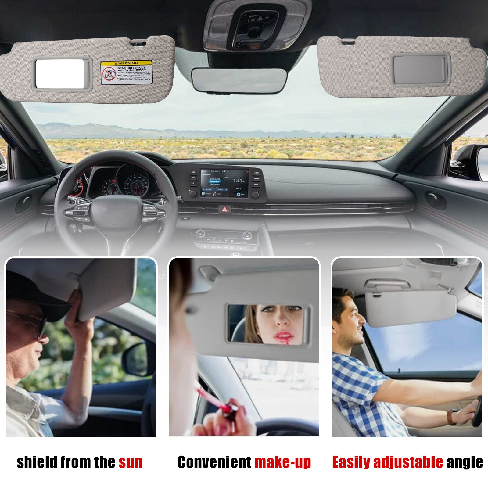 2X Left+Right Gray Sun Visor W/ Mirror for Hyundai for Elantra 2011-2015 1.8L 2.0L