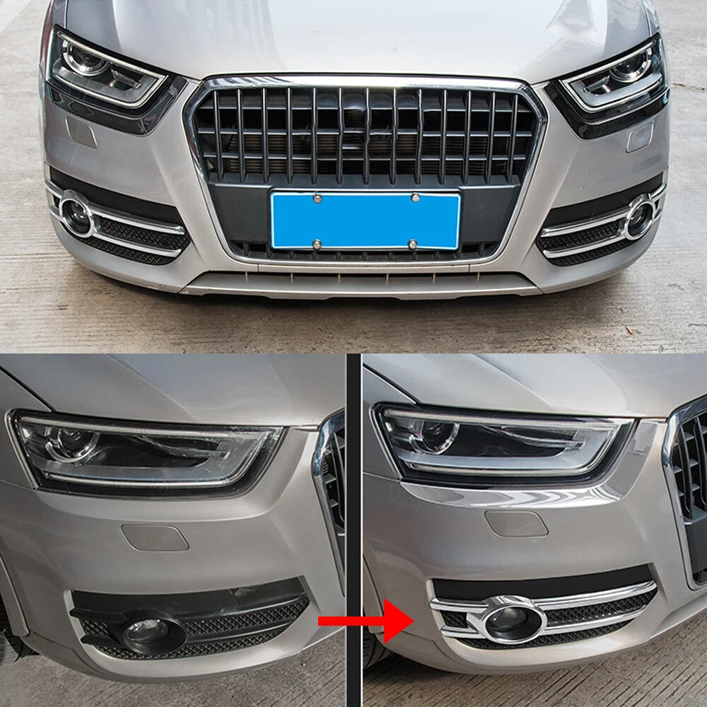 1. Dual chrome front fog light bezel cover trim for Audi models from Q3 2013 to Q3 2015.