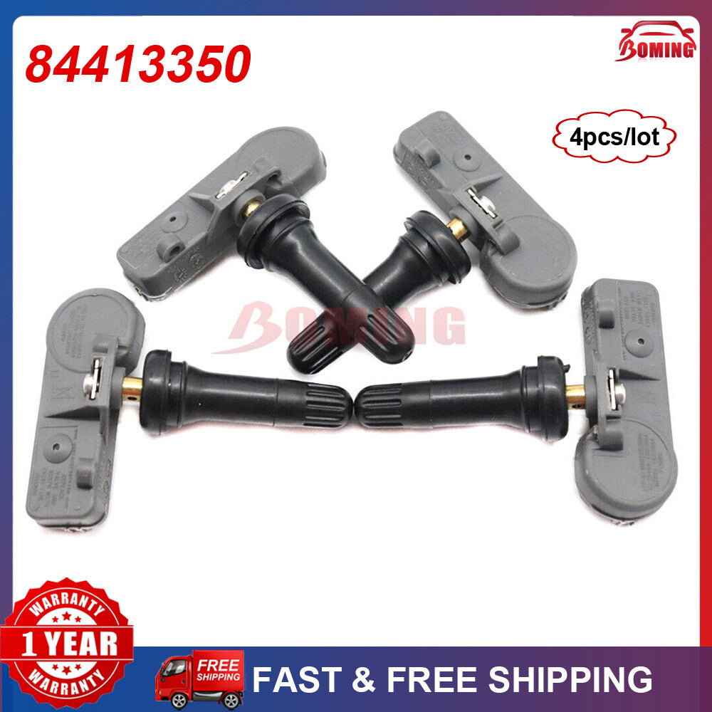 4-pack of new tire pressure monitoring sensors, model 84413350, suitable for Buick , for Cadillac , for Chevrolet , and for GMC .