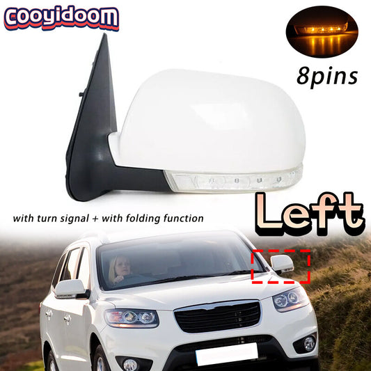 8-pin rearview mirror with light, white left side, suitable for Hyundai Santa Fe 2.4L 2.7L. (07-12-)