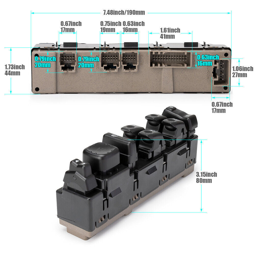 The left-side power window switch is suitable for Chevrolet Silverado 1500, 2500, and 3500 models manufactured in the on June 2003.