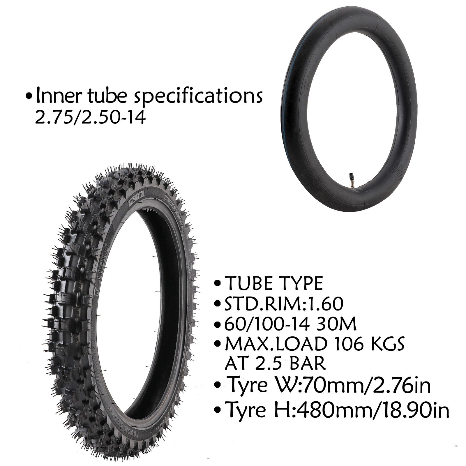 Front 60/100-14, Rear 80/100-12 tires and inner tubes suitable for 110cc and 125cc Dirt Trail bikes.