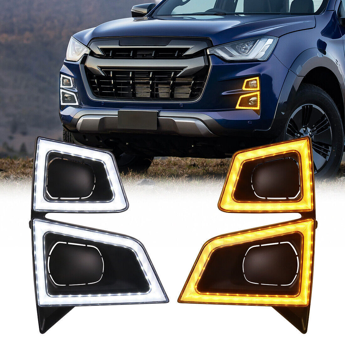 A pair of LED daytime running lights (DRL) and fog lights for Isuzu D-Max 2020, 2021, and 2022 models.