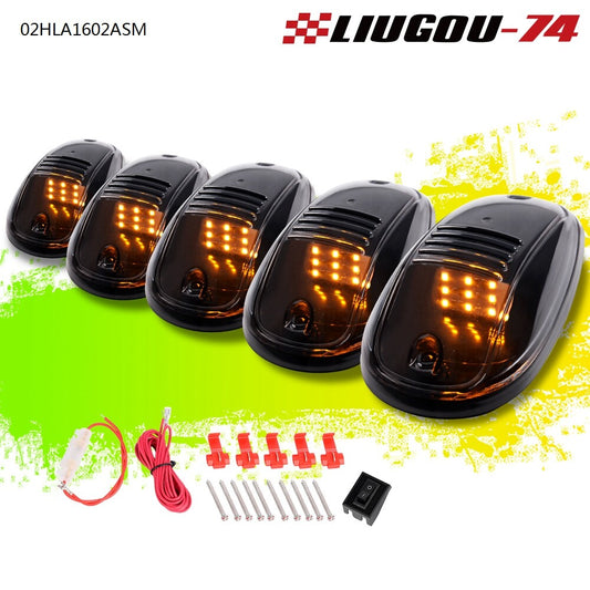 5-Piece Smoked Roof Cab Light Kit with 9 Amber LED Marker Lights for Trucks and SUVs - USA