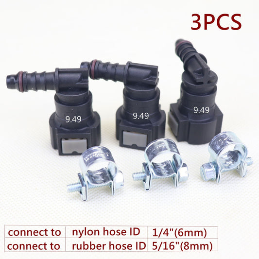 3-pack 90 Deg elbow SAE 9.49 fuel line quick release connector nylon hose ID 1/4