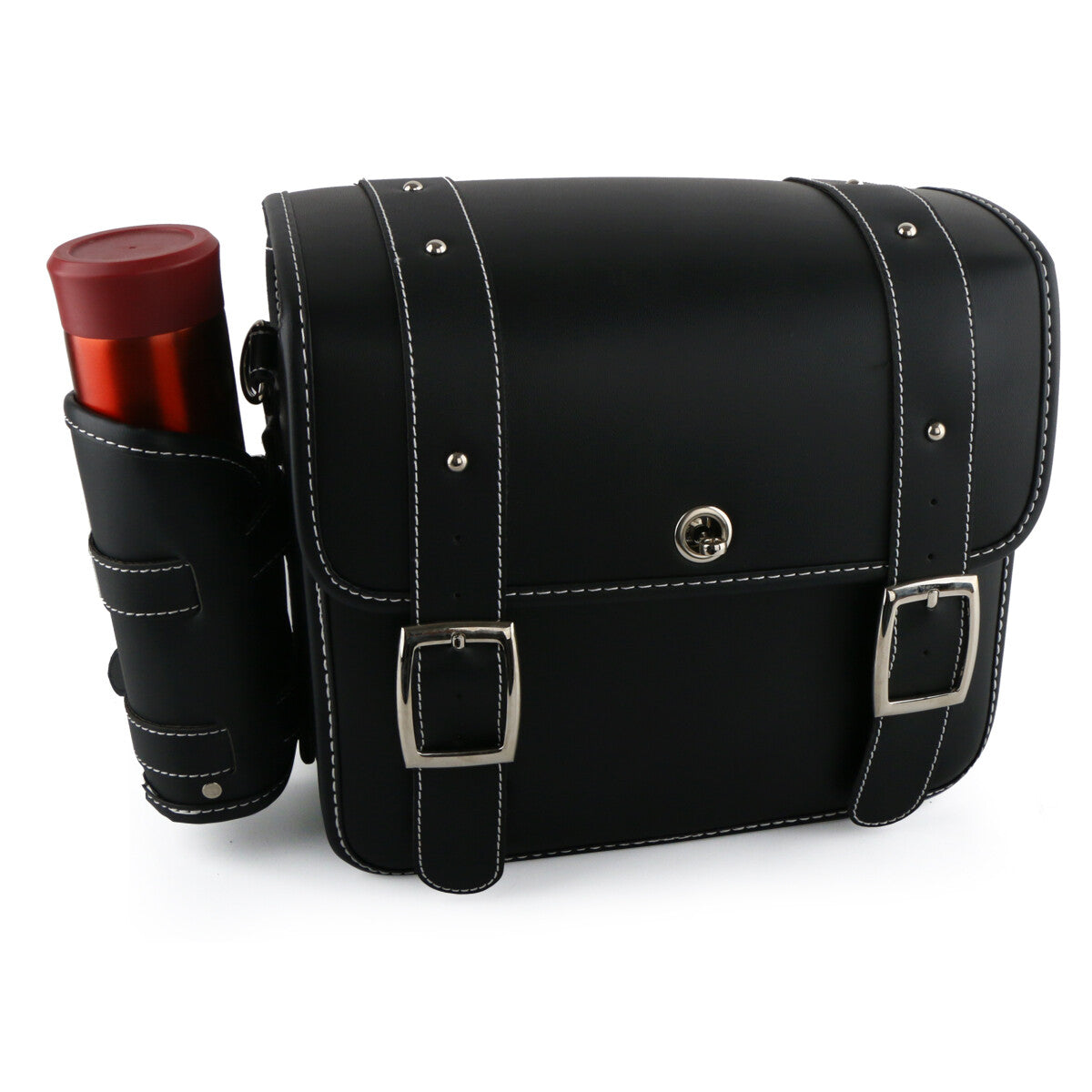Motorcycle PU leather right side basket, saddle tool bag, waterproof with cup bag