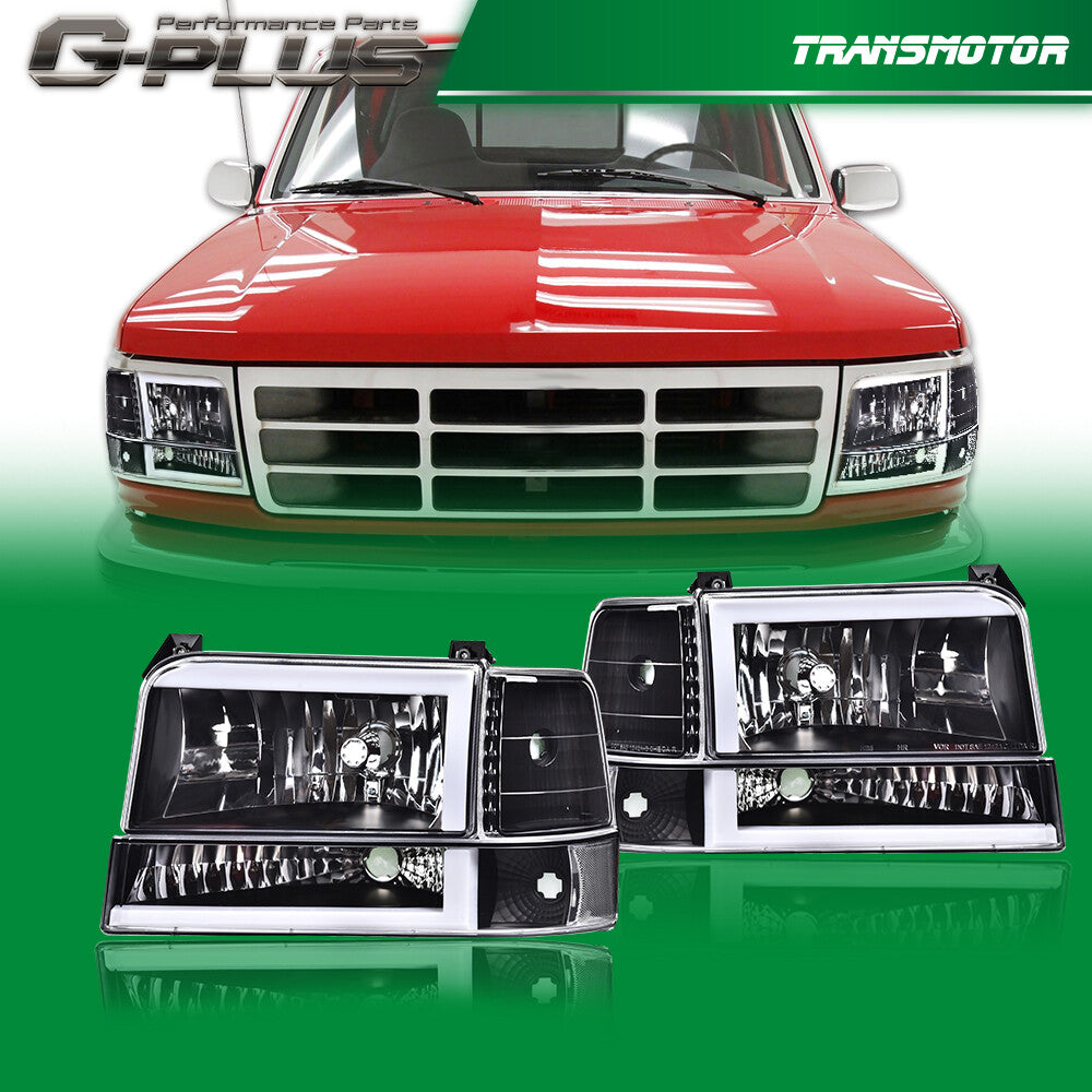 Suitable for 92-96 F150 F250 LED DRL black/clear headlights + chrome trim around the headlight doors.