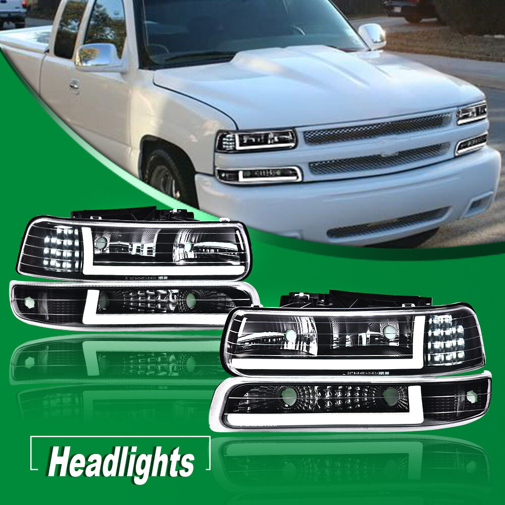 LED DRL for 99-02 for Chevrolet Silverado 1500 2500 HD headlights + bumper lights in black.