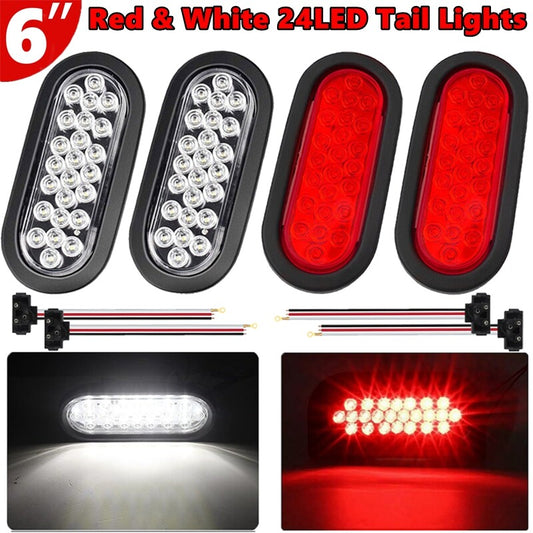 Red and white 6-inch oval 24-LED taillights for truck trailers, spare reverse lights with grommets.