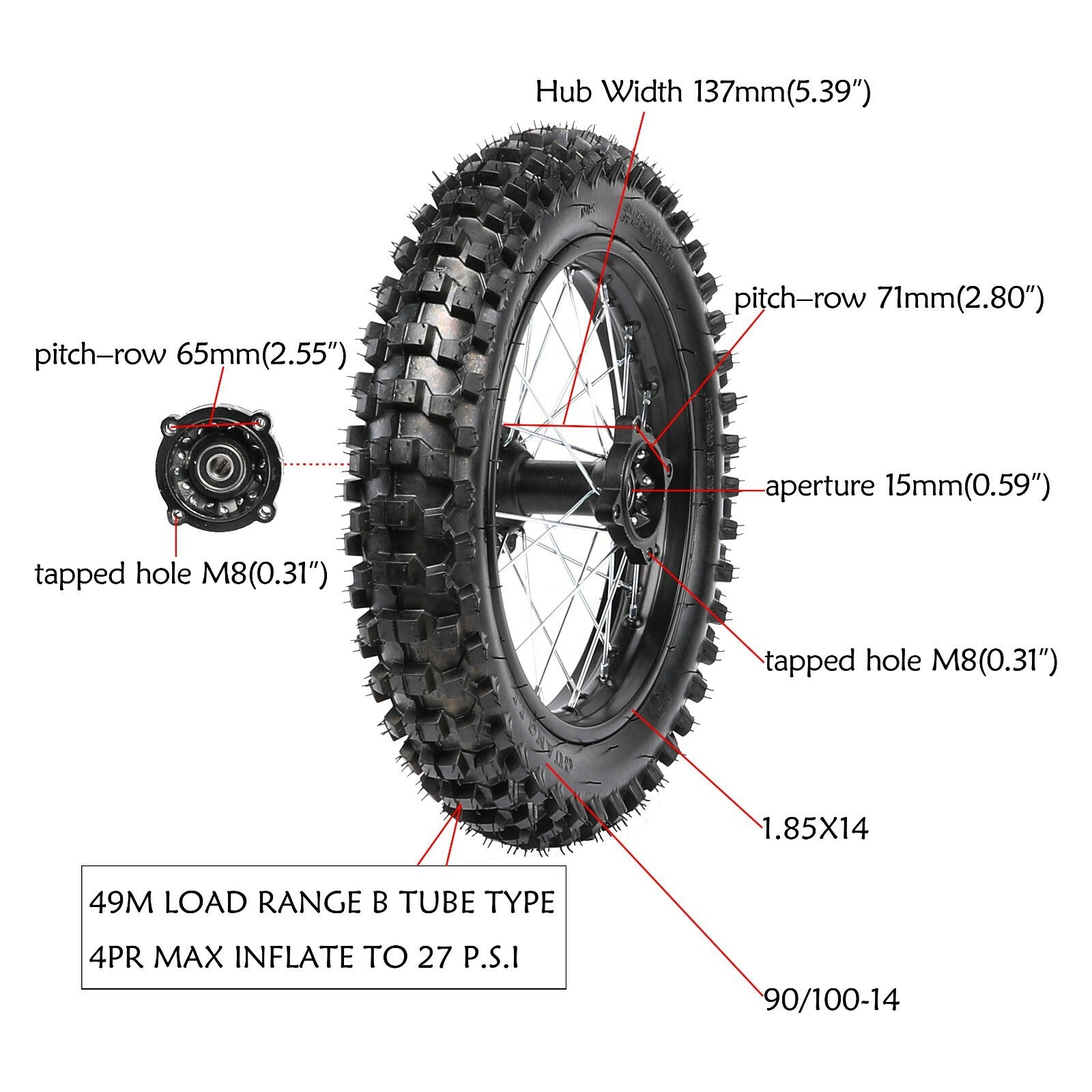 14-inch rear wheel, 90/100-14 tire, rim, rotor, sprocket, pitted bicycle, Taodao SSR, 125cc/140cc.