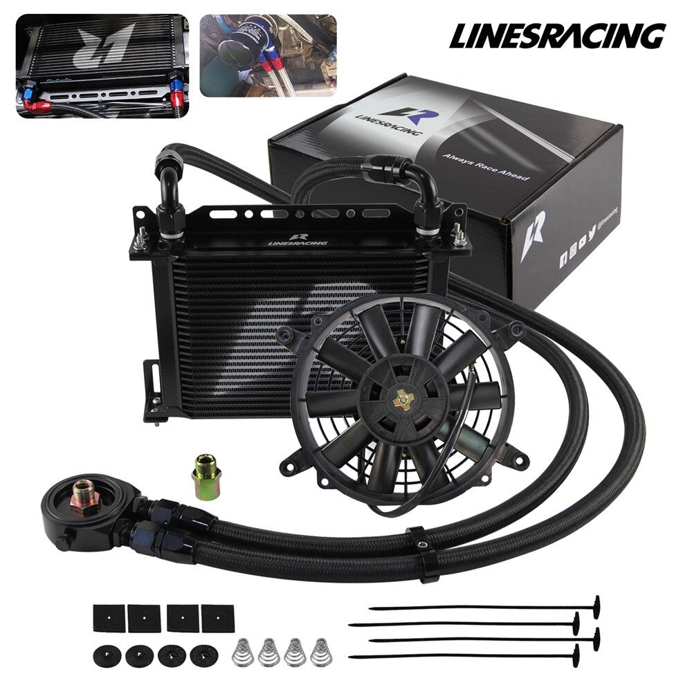 LR 25 Row AN10 Oil Cooler Kit+Filter Adapter Hose Kit +7 Electric Fan Kit Black