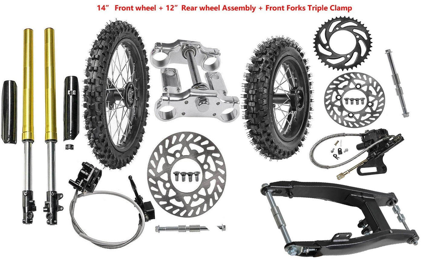 14-inch and 12-inch wheels, 60/100-14 and 80/100-12 front forks and swingarms, KLX110, TTR110, CRF50, XR70