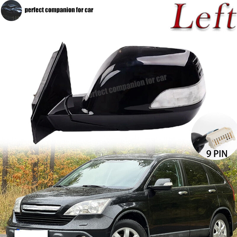 Left black side mirror with turn signal light and heating, 9-pin fitting for Honda CRV 2007 - 2011