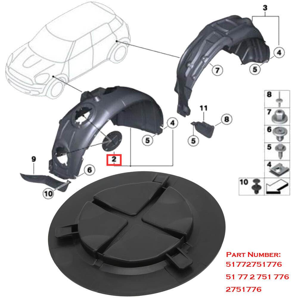 Front wheel mudguards, mudguard liners, bulb covers, and dome covers suitable for BMW for Mini Cooper R55.