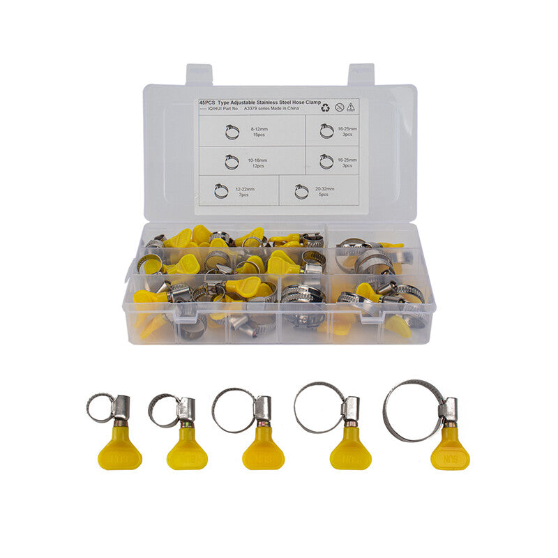 45-piece pack of key-type hose clamps, stainless steel clamps, 8mm-32mm adjustable.