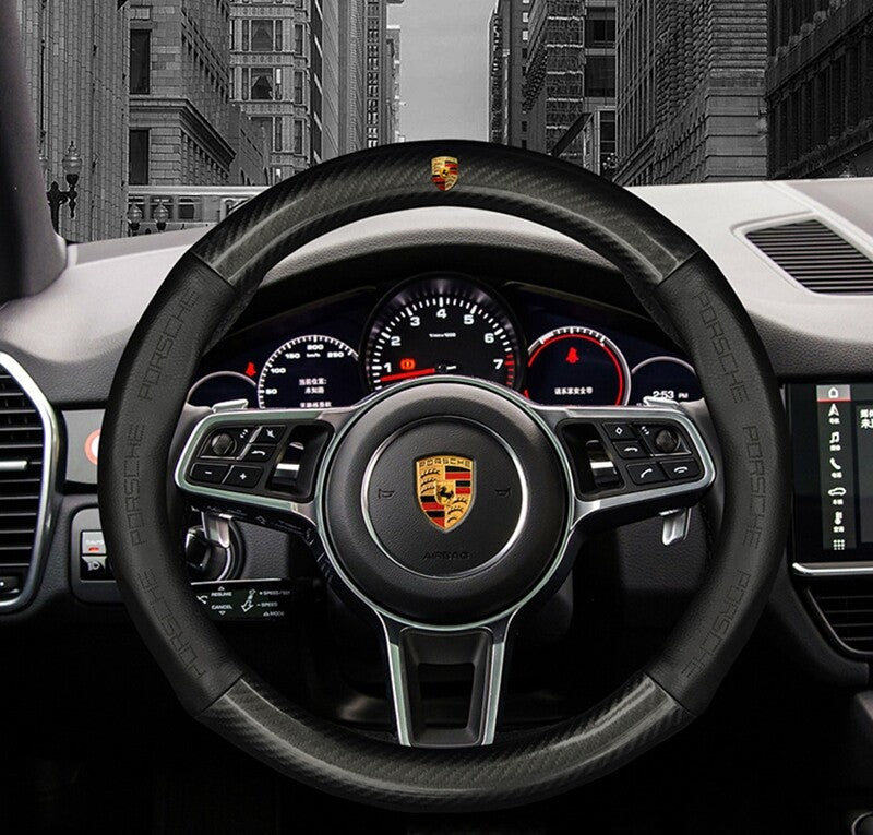 BLACK 15 Car Steering Wheel Cover Genuine Leather for Porsche