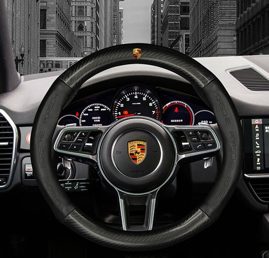 BLACK 15 Car Steering Wheel Cover Genuine Leather for Porsche