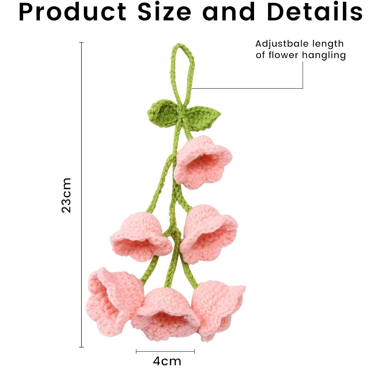 1Bell flower Hand Knitted Cute Car Accessory for Rear View Mirror Hanging Pink
