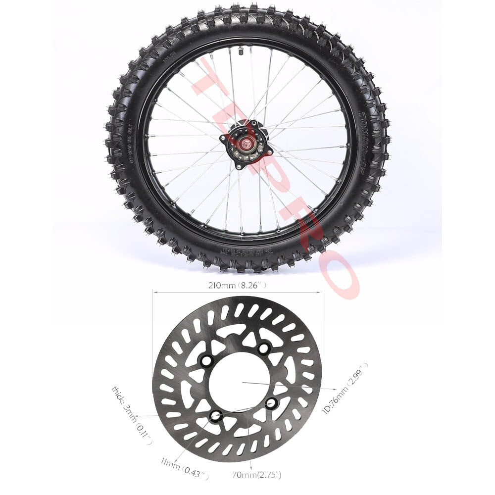 17-inch front wheel with 70/100-17 tire and rim disc suitable for Apollo SSR 125cc, 140cc, and 150cc pit bikes.