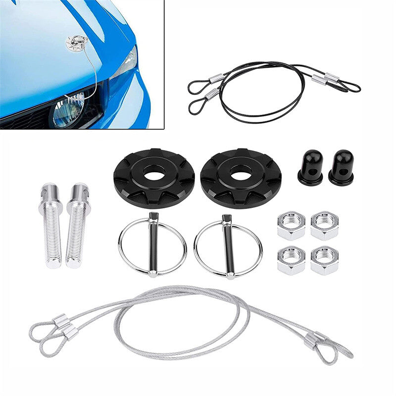 2x Black Hood Pins Kit CNC Aluminum Car Hood Pin Lock Latch Plate Appearance Kit