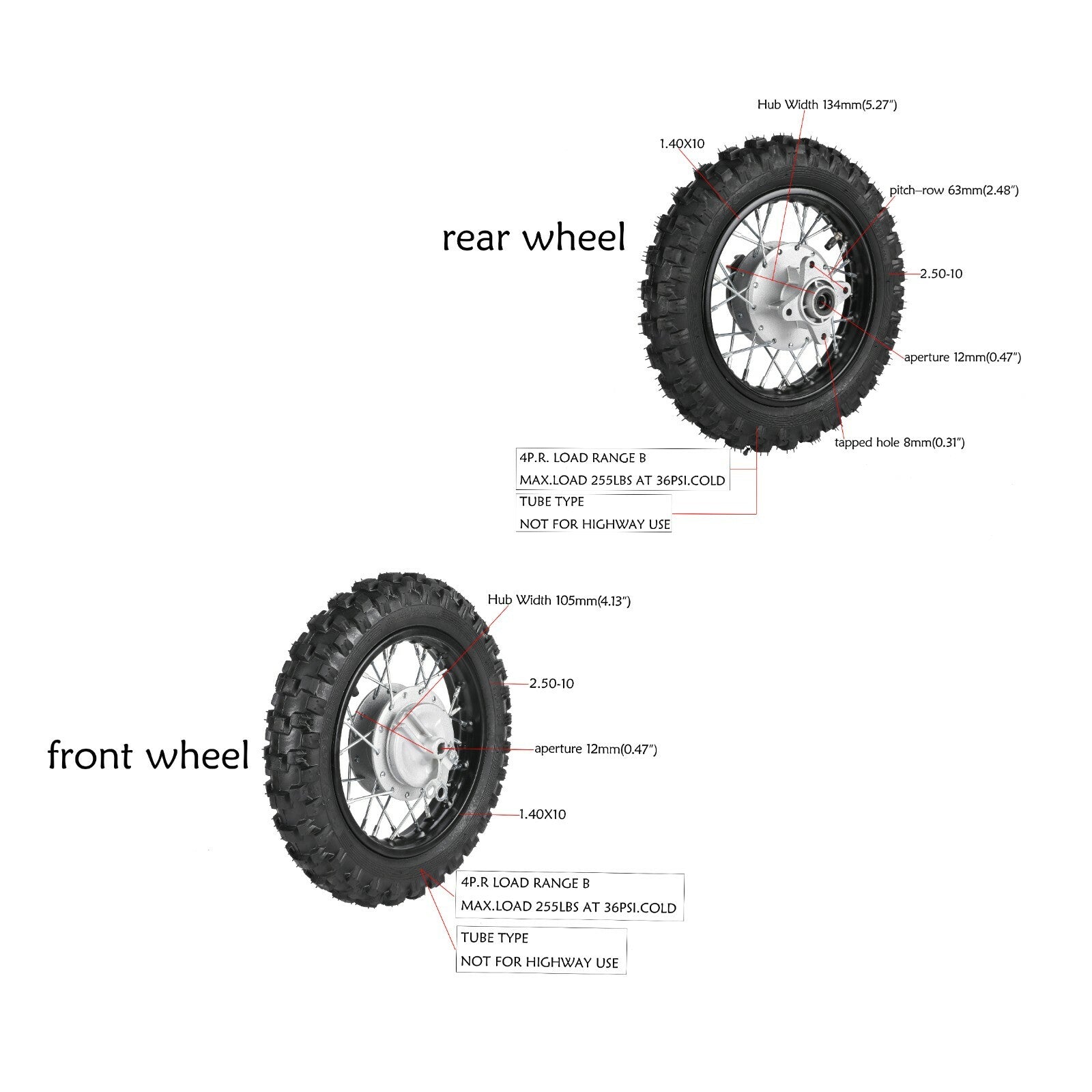 Front  Rear Wheel 2.50-10 Tyre Rim Drum Brake CRF50 TTR50 90cc 110cc Dirt Bike