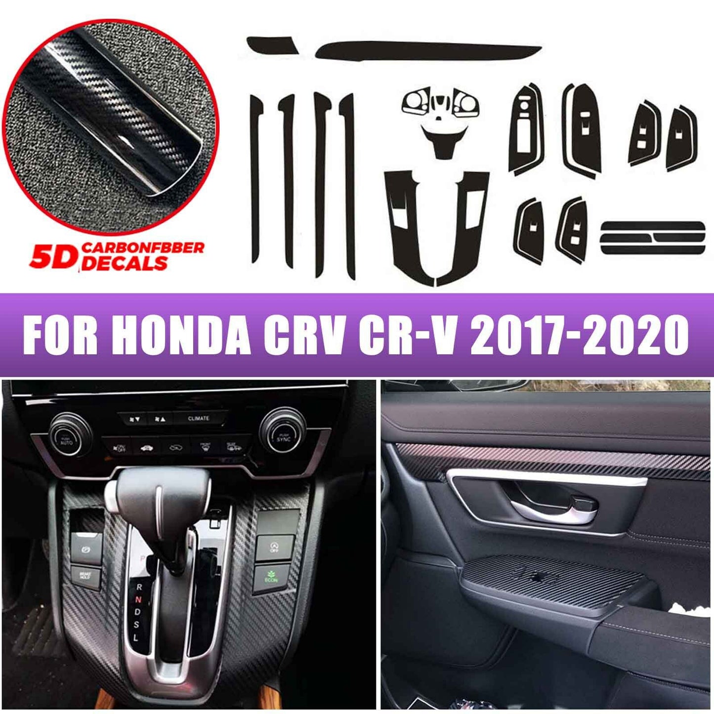 16pcs for Honda CRV 2017-2020 Carbon Fiber Interior Decoration Trim Cover AT