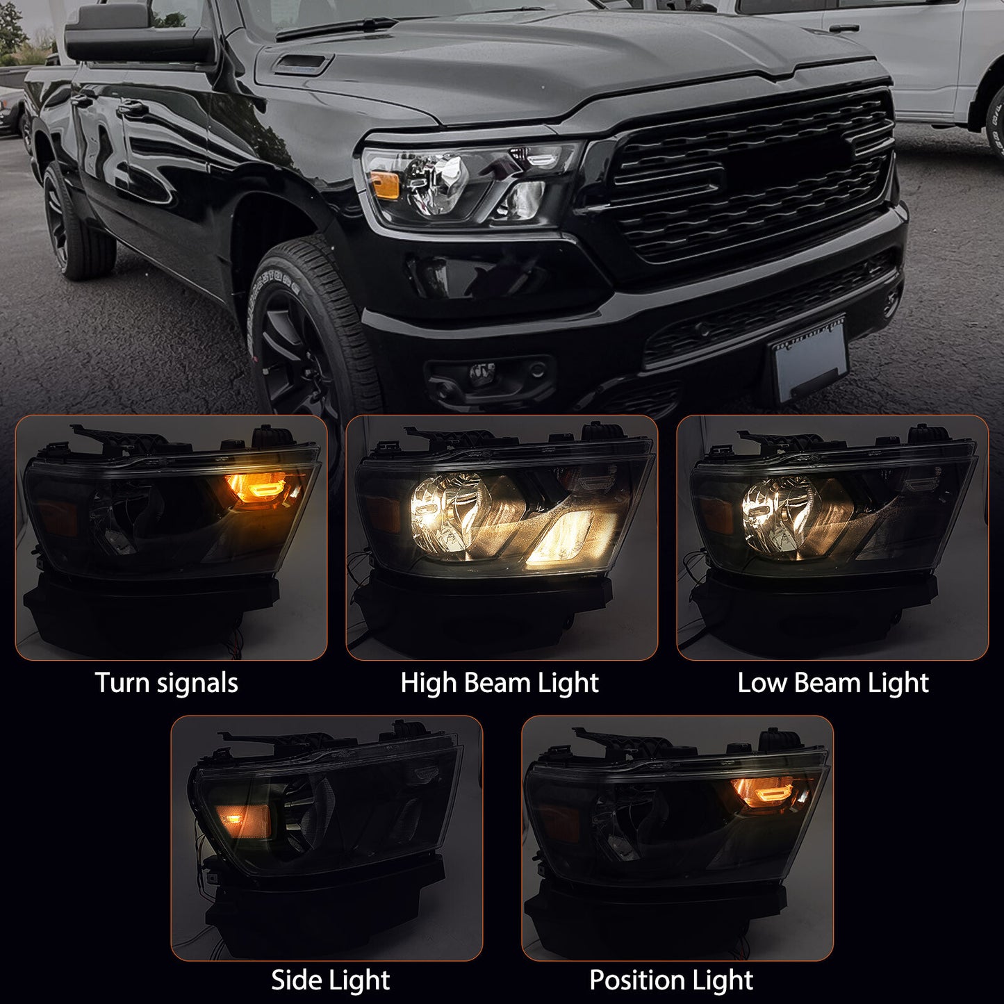 Suitable for 2019-2023 for Dodge for Ram 1500 Halogen Headlights with Black Bezels for Passenger Right Hand
