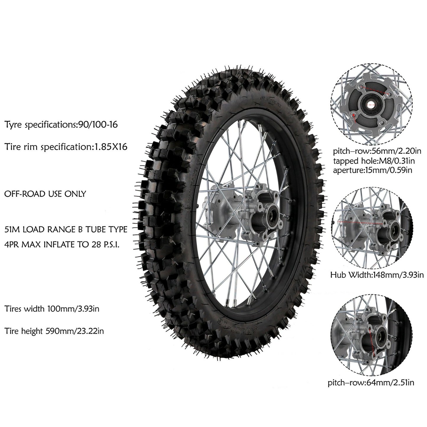 16-inch 90/100-16 rear tire rim for Dirt Pit bicycles, RM CR, for Honda
