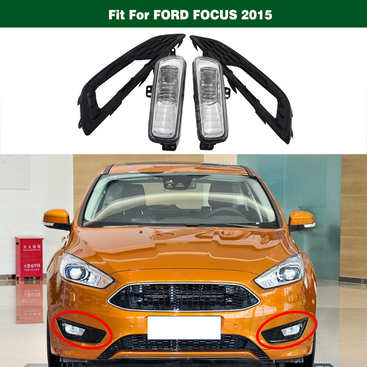 Clear Fog Driving Lamp Lights w/Gloss Black Sport Cover for Ford Focus 2015 2016