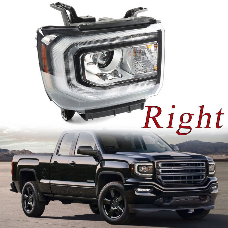 2016-2018 for GMC for Sierra 1500 LED DRL projector with right-side HID/xenon headlight.