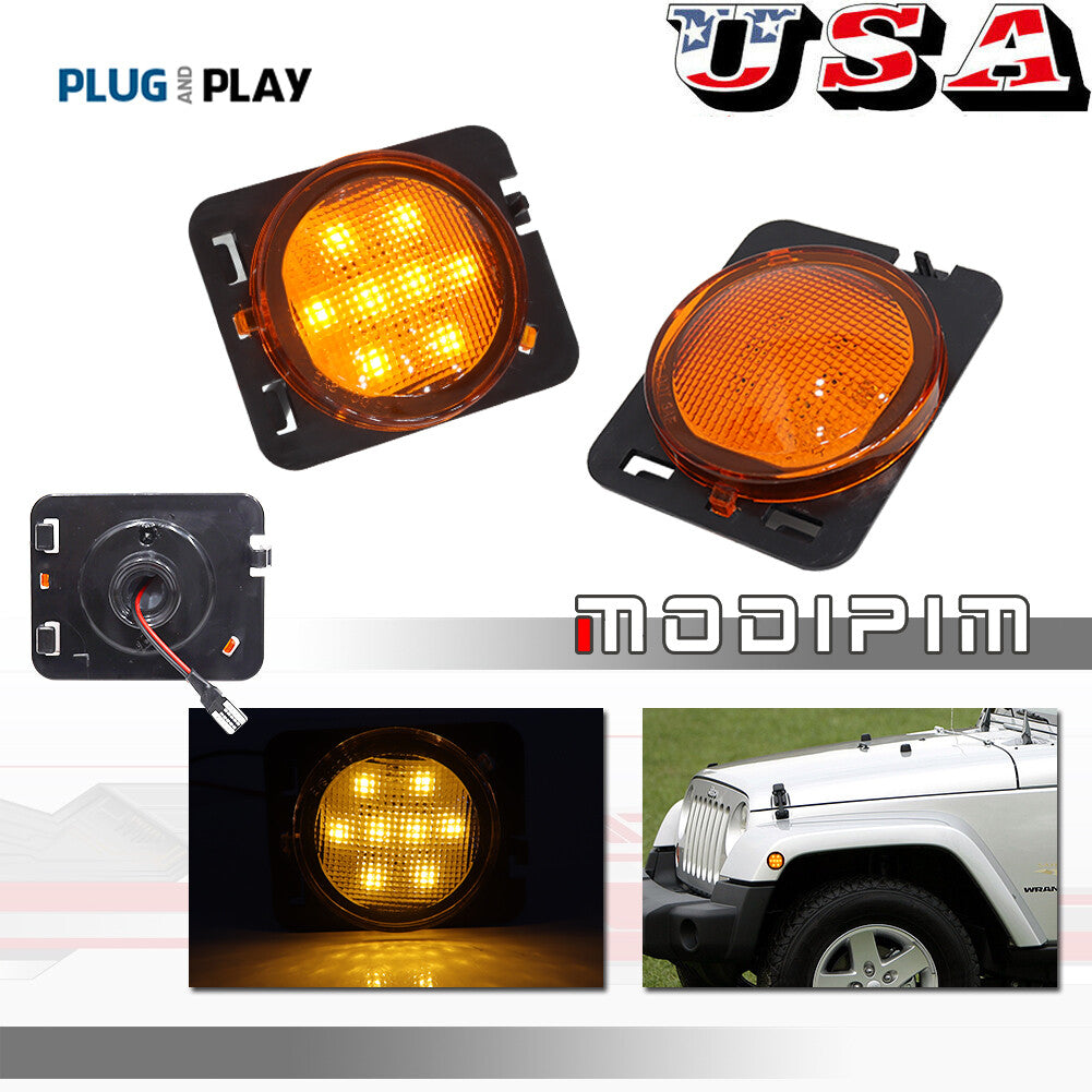 A pair of amber LED side marker lights for front fenders, suitable for 2007-2018 for Jeep for Wrangler JK